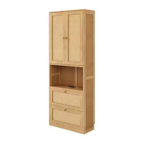 Bibliothèque à 2 portes avec port USB et armoire latérale à 3 tiroirs, étagères de rangement, Naturel