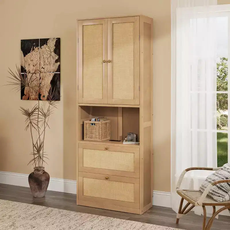 Bibliothèque à 2 portes avec port USB et armoire latérale à 3 tiroirs, étagères de rangement, Naturel