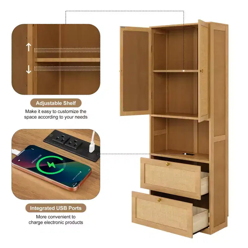 Bibliothèque à 2 portes avec port USB et armoire latérale à 3 tiroirs, étagères de rangement, Naturel