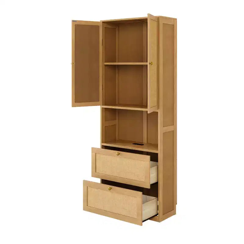 Bibliothèque à 2 portes avec port USB et armoire latérale à 3 tiroirs, étagères de rangement, Naturel