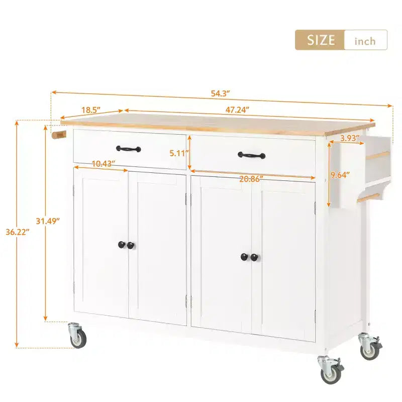 JVNOXK-Desserte d'îlot de cuisine avec plateau en bois massif et roulettes verrouillables, largeur de 137,9 cm, meuble à 4 portes et deux tiroirs, porte-épices, porte-serviettes (Blanc)