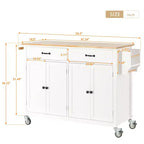 JVNOXK-Desserte d'îlot de cuisine avec plateau en bois massif et roulettes verrouillables, largeur de 137,9 cm, meuble à 4 portes et deux tiroirs, porte-épices, porte-serviettes (Blanc)
