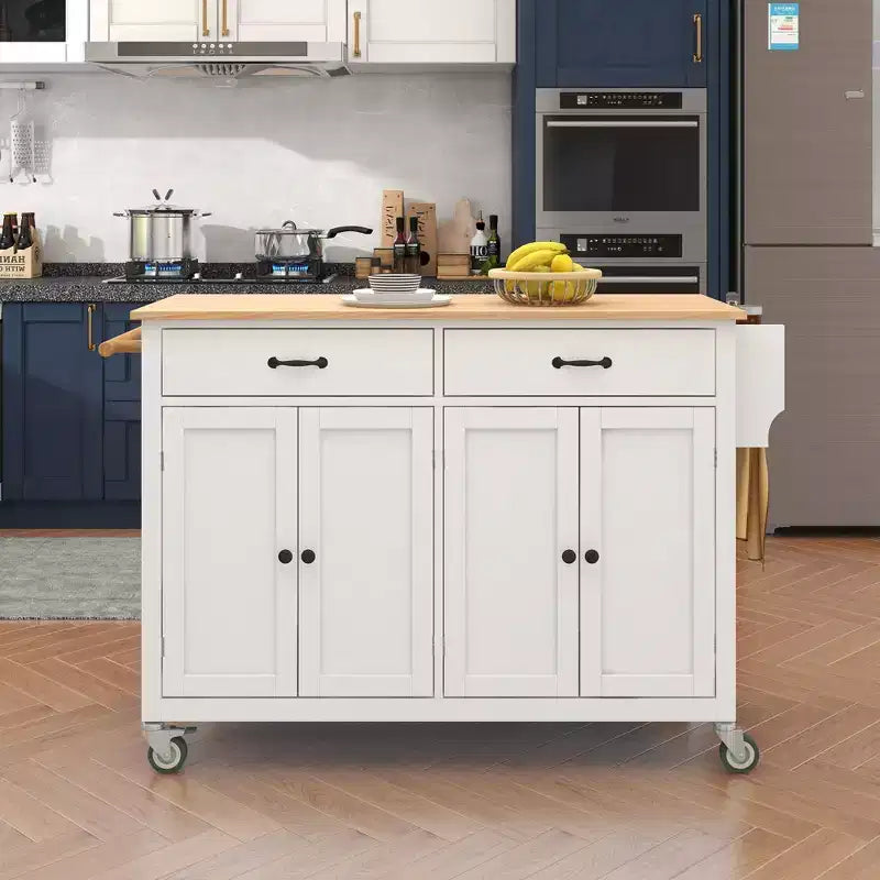 JVNOXK-Desserte d'îlot de cuisine avec plateau en bois massif et roulettes verrouillables, largeur de 137,9 cm, meuble à 4 portes et deux tiroirs, porte-épices, porte-serviettes (Blanc)