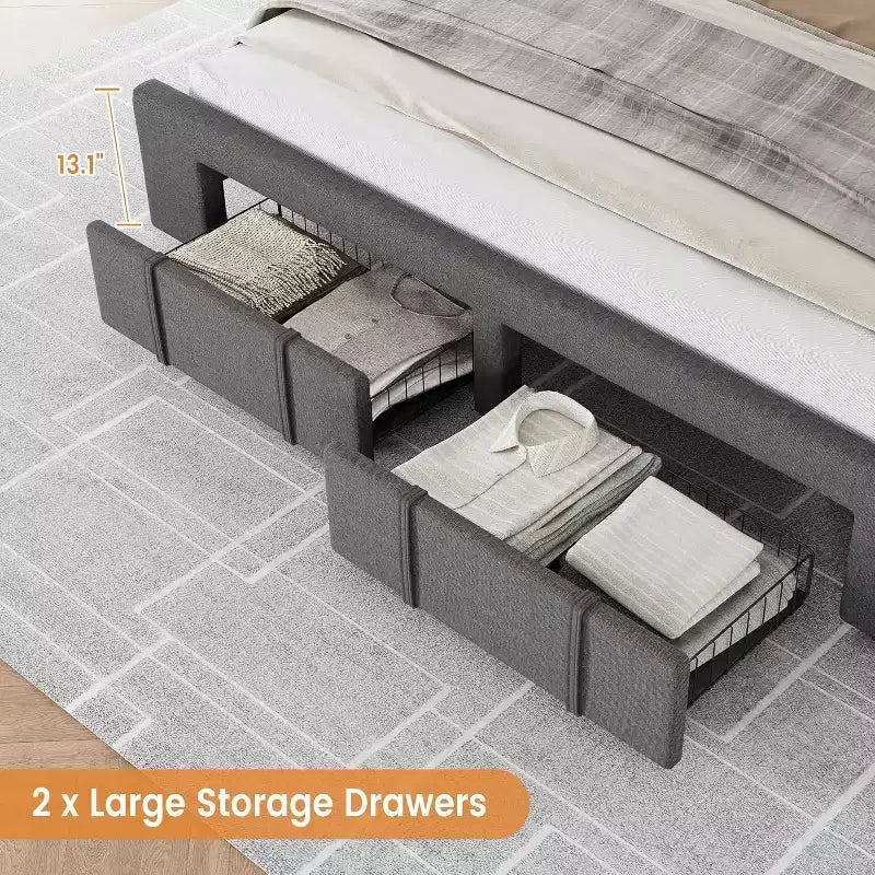 Cadre de lit double Acekool avec 2 tiroirs de rangement, lit plateforme rembourré avec support à lattes en bois, conception anti-bruit, beige