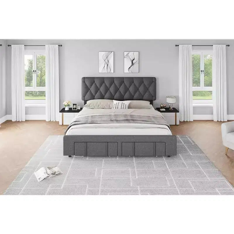 Cadre de lit double Acekool avec 2 tiroirs de rangement, lit plateforme rembourré avec support à lattes en bois, conception anti-bruit, beige