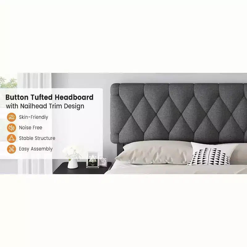 Cadre de lit double Acekool avec 2 tiroirs de rangement, lit plateforme rembourré avec support à lattes en bois, conception anti-bruit, beige