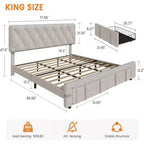 Cadre de lit double Acekool avec 2 tiroirs de rangement, lit plateforme rembourré avec support à lattes en bois, conception anti-bruit, beige