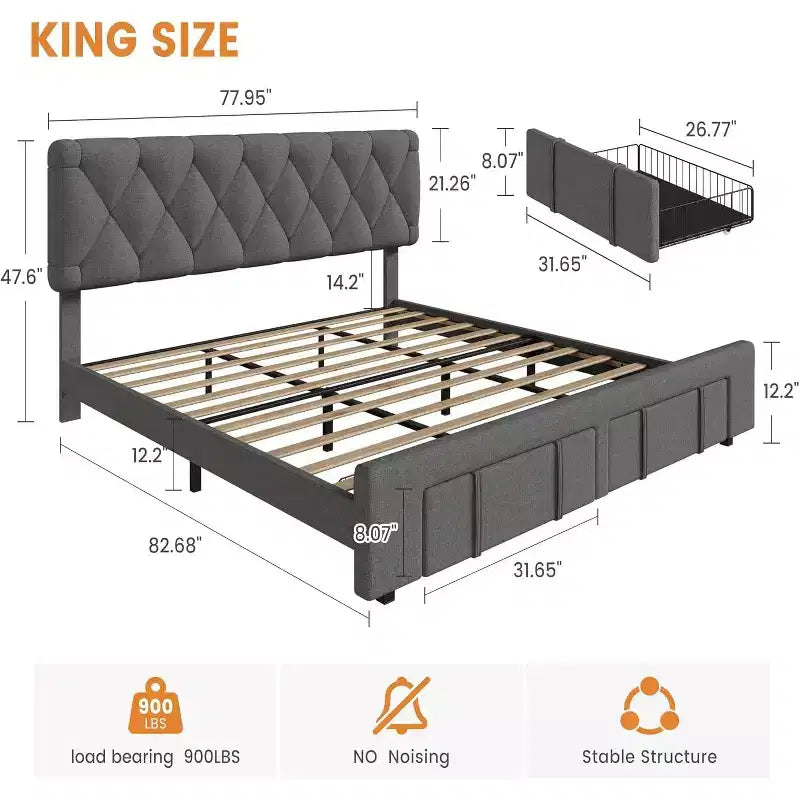 Cadre de lit double Acekool avec 2 tiroirs de rangement, lit plateforme rembourré avec support à lattes en bois, conception anti-bruit, beige
