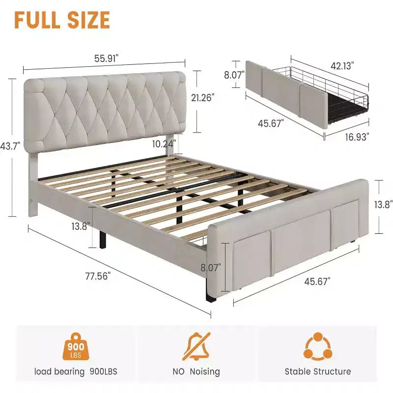 Cadre de lit double Acekool avec 2 tiroirs de rangement, lit plateforme rembourré avec support à lattes en bois, conception anti-bruit, beige