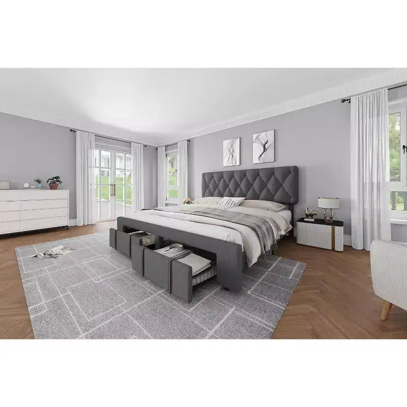Cadre de lit double Acekool avec 2 tiroirs de rangement, lit plateforme rembourré avec support à lattes en bois, conception anti-bruit, beige