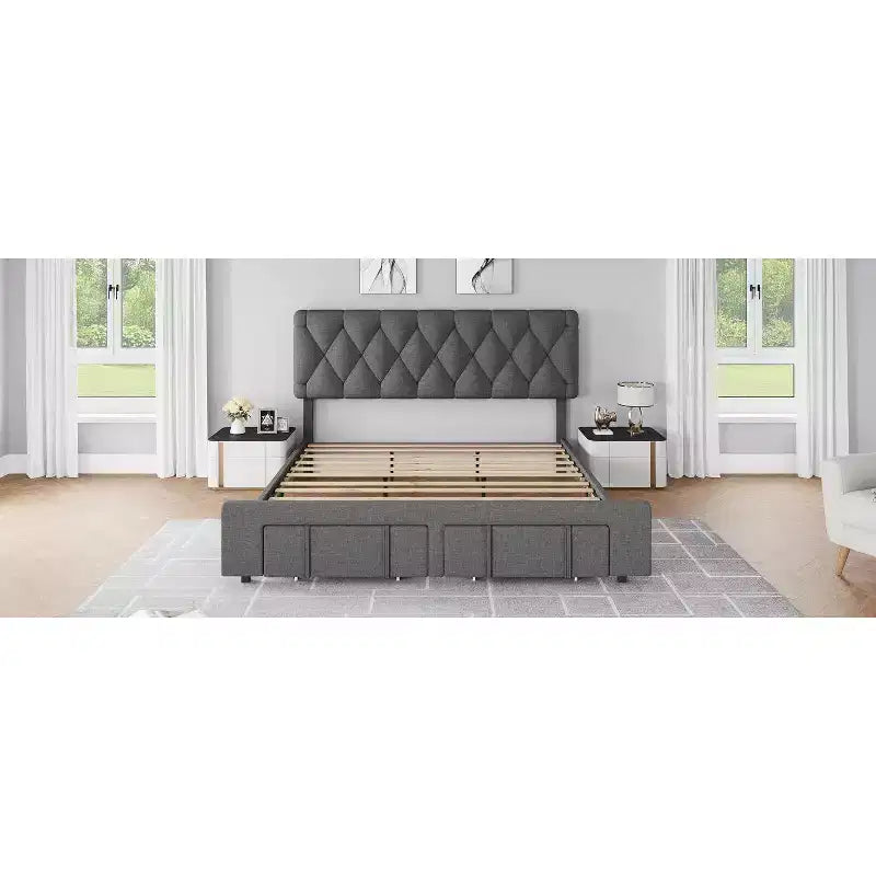 Cadre de lit double Acekool avec 2 tiroirs de rangement, lit plateforme rembourré avec support à lattes en bois, conception anti-bruit, beige