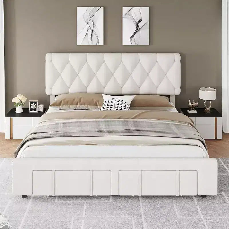 Cadre de lit double Acekool avec 2 tiroirs de rangement, lit plateforme rembourré avec support à lattes en bois, conception anti-bruit, beige