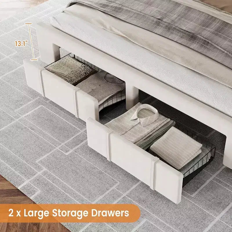 Cadre de lit double Acekool avec 2 tiroirs de rangement, lit plateforme rembourré avec support à lattes en bois, conception anti-bruit, beige