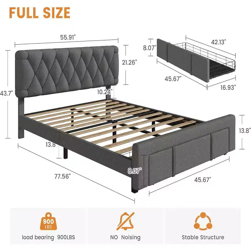 Cadre de lit double Acekool avec 2 tiroirs de rangement, lit plateforme rembourré avec support à lattes en bois, conception anti-bruit, beige