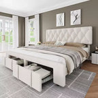 Acekool Full Bed Frame with 2 Storage Drawers, Upholstered Platform Bed with Wood Slat Support, Noise-Reducing Design, Beige