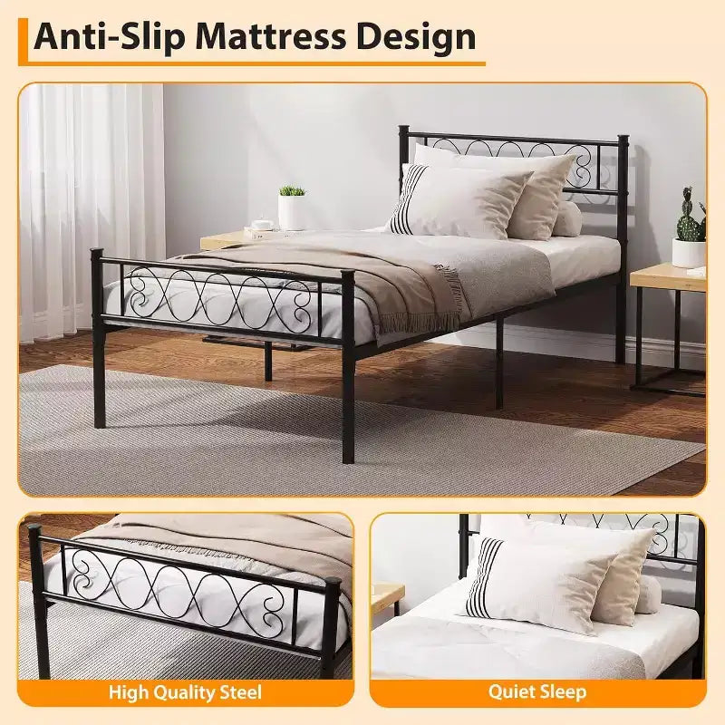 Cadre de lit plateforme double Acekool en métal avec tête et pied de lit en forme de cœur, 12,2" de rangement sous le lit, support à lattes métalliques robustes, noir