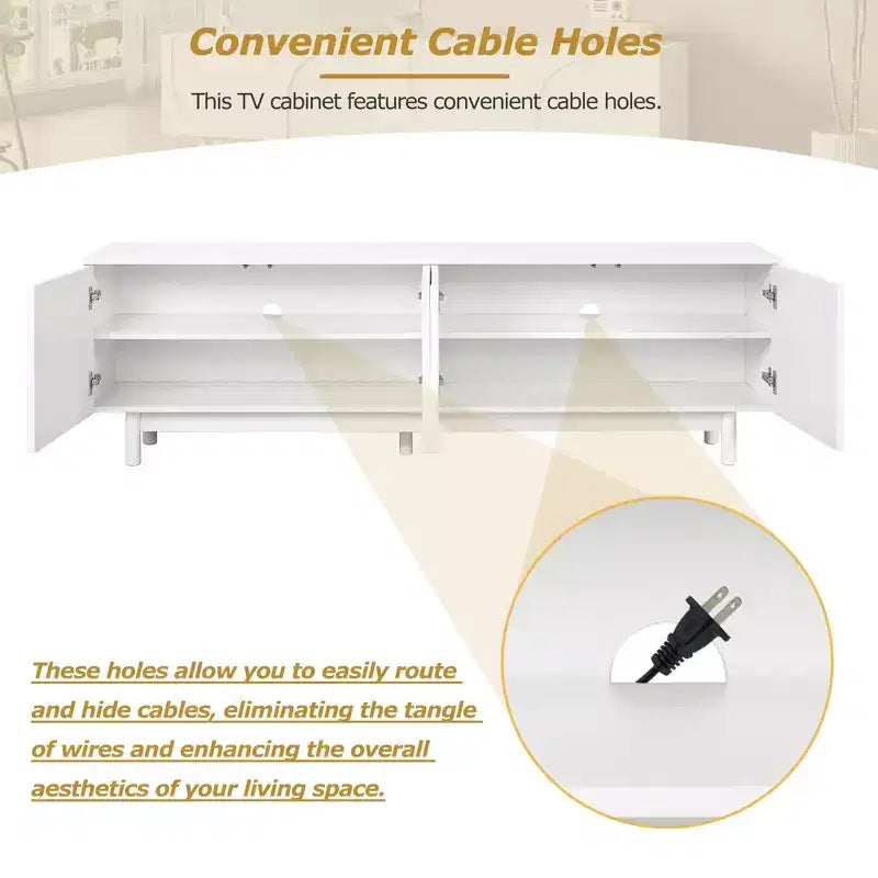 Meuble TV optimisé avec porte arquée pour téléviseurs jusqu'à 78'', meuble de divertissement moderne avec pieds en bois dur, console multimédia.