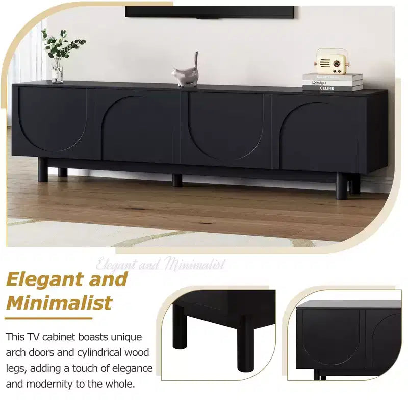 Meuble TV optimisé avec porte arquée pour téléviseurs jusqu'à 78'', meuble de divertissement moderne avec pieds en bois dur, console multimédia.