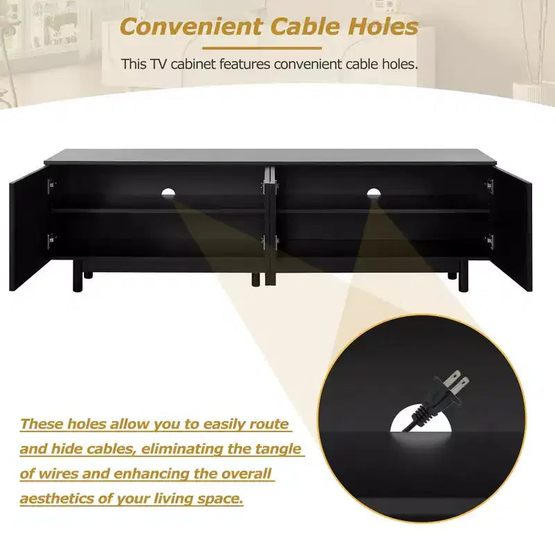 Meuble TV optimisé avec porte arquée pour téléviseurs jusqu'à 78'', meuble de divertissement moderne avec pieds en bois dur, console multimédia.