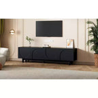 Meuble TV optimisé avec porte arquée pour téléviseurs jusqu'à 78'', meuble de divertissement moderne avec pieds en bois dur, console multimédia.