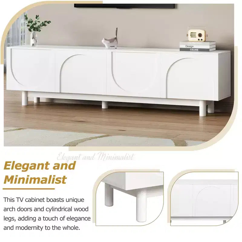 Meuble TV optimisé avec porte arquée pour téléviseurs jusqu'à 78'', meuble de divertissement moderne avec pieds en bois dur, console multimédia.