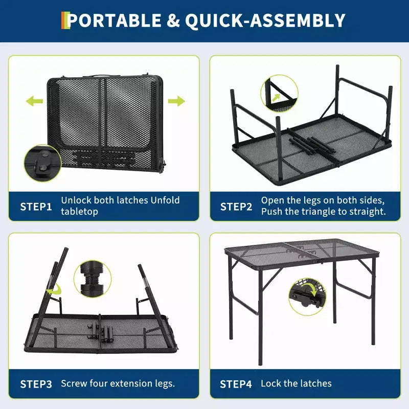 Table de grillade pliante 3x2FT, Table de camping portable avec plateau en maille, Table de grillade métallique légère réglable en hauteur, pour camping en plein air, barbecue, pique-nique