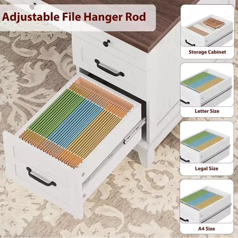 Bureau de direction avec tiroirs, bureau d'ordinateur de style rustique avec station de charge, bureau d'ordinateur en bois de 136 cm avec rangement pour dossiers