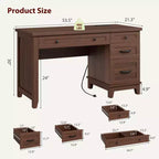 Bureau de direction avec tiroirs, bureau d'ordinateur de style rustique avec station de charge, bureau d'ordinateur en bois de 136 cm avec rangement pour dossiers