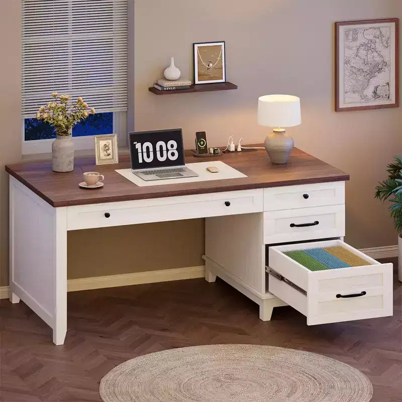 Bureau de direction avec tiroirs, bureau d'ordinateur de style rustique avec station de charge, bureau d'ordinateur en bois de 136 cm avec rangement pour dossiers