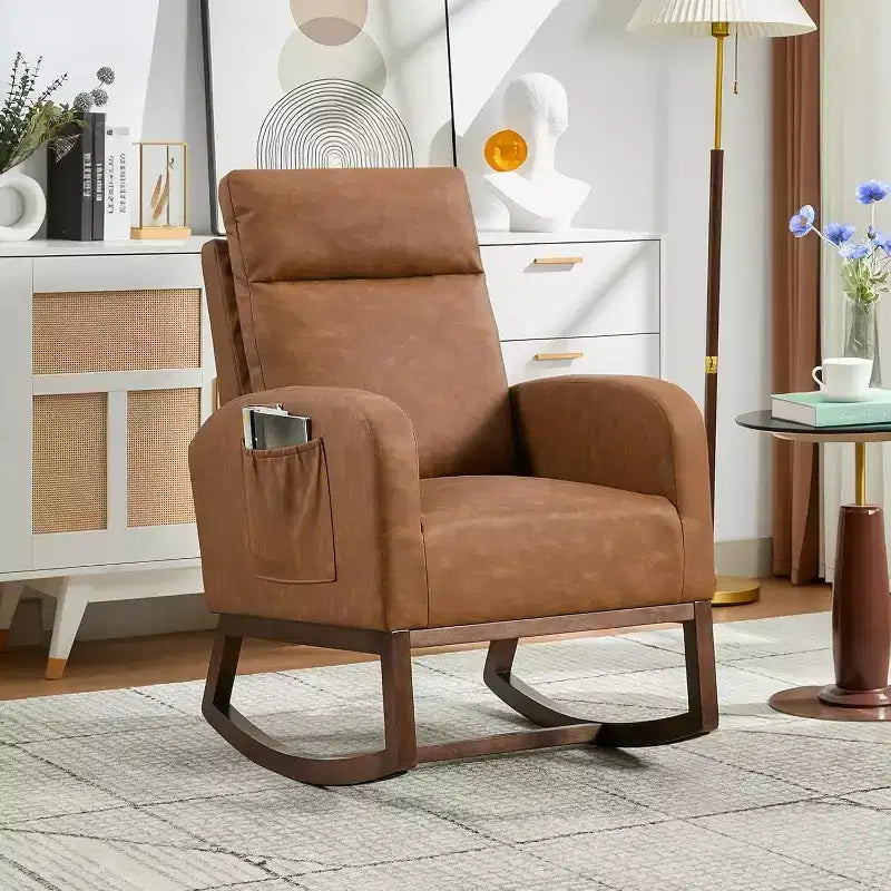 Fauteuil à bascule pour chambre d'enfant, fauteuil planeur avec dossier haut et pochette latérale, fauteuil à bascule d'appoint avec pieds en bois de caoutchouc pour salon/chambre à coucher
