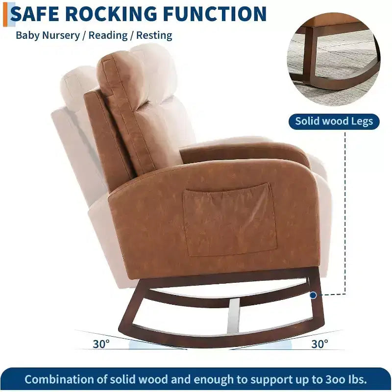 Fauteuil à bascule pour chambre d'enfant, fauteuil planeur avec dossier haut et pochette latérale, fauteuil à bascule d'appoint avec pieds en bois de caoutchouc pour salon/chambre à coucher