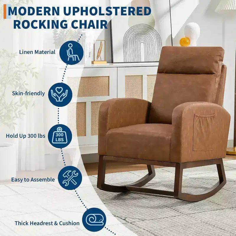 Fauteuil à bascule pour chambre d'enfant, fauteuil planeur avec dossier haut et pochette latérale, fauteuil à bascule d'appoint avec pieds en bois de caoutchouc pour salon/chambre à coucher