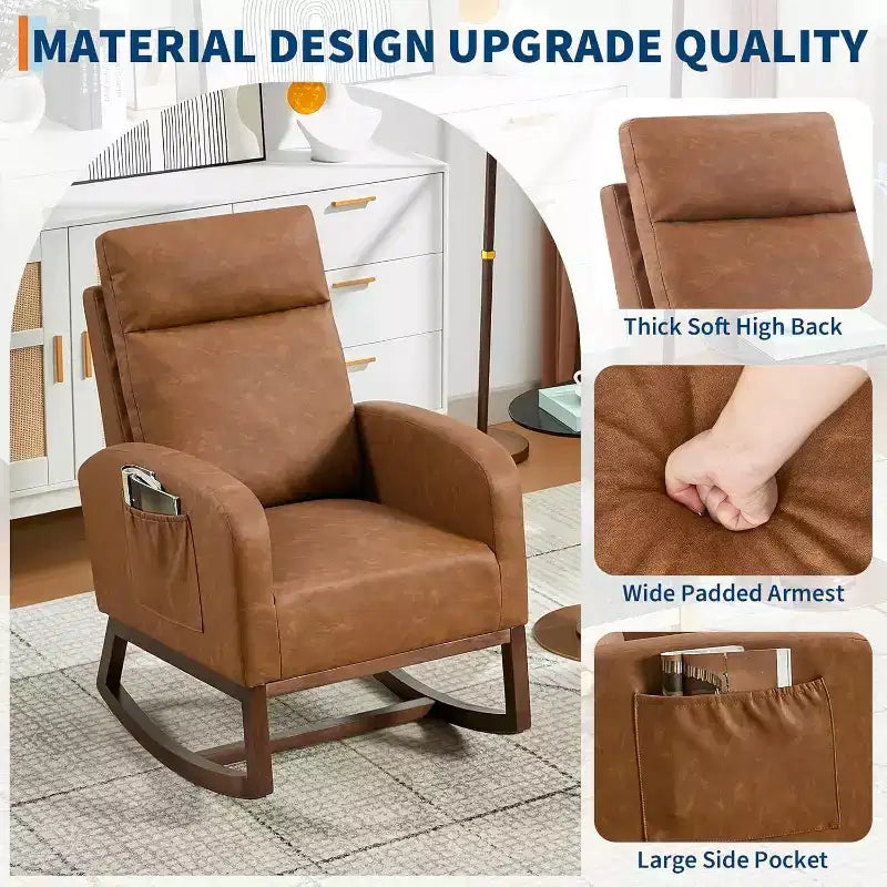 Fauteuil à bascule pour chambre d'enfant, fauteuil planeur avec dossier haut et pochette latérale, fauteuil à bascule d'appoint avec pieds en bois de caoutchouc pour salon/chambre à coucher