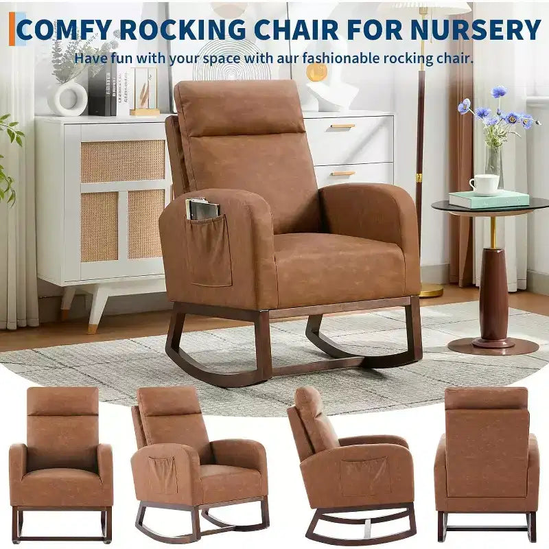 Fauteuil à bascule pour chambre d'enfant, fauteuil planeur avec dossier haut et pochette latérale, fauteuil à bascule d'appoint avec pieds en bois de caoutchouc pour salon/chambre à coucher