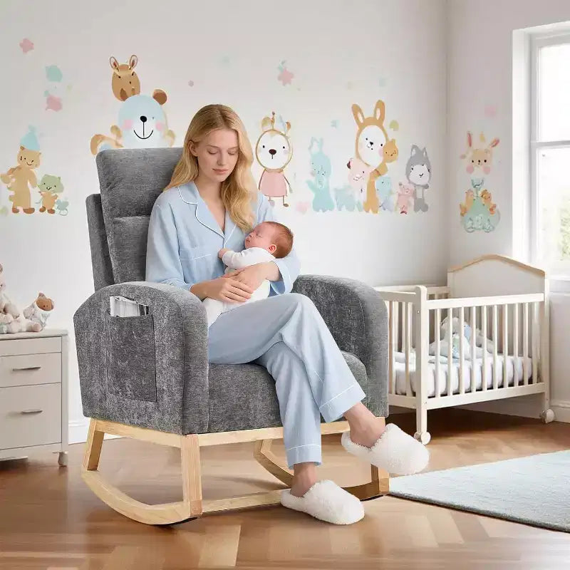 Fauteuil à bascule pour chambre d'enfant, fauteuil planeur avec dossier haut et pochette latérale, fauteuil à bascule d'appoint avec pieds en bois de caoutchouc pour salon/chambre à coucher