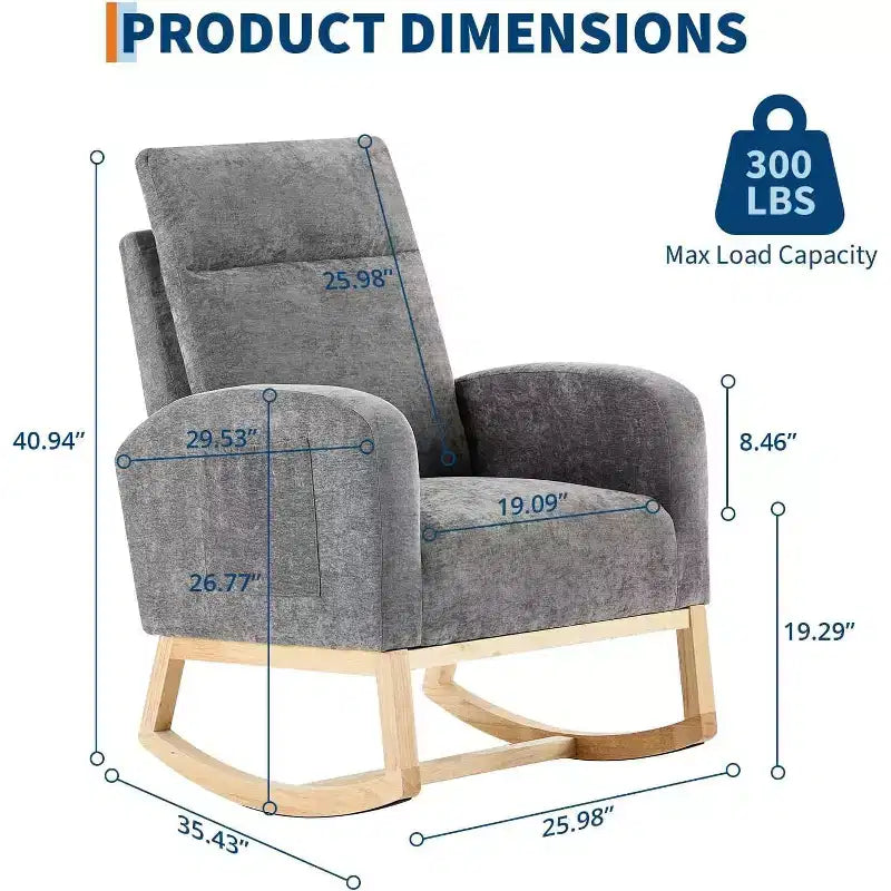 Fauteuil à bascule pour chambre d'enfant, fauteuil planeur avec dossier haut et pochette latérale, fauteuil à bascule d'appoint avec pieds en bois de caoutchouc pour salon/chambre à coucher