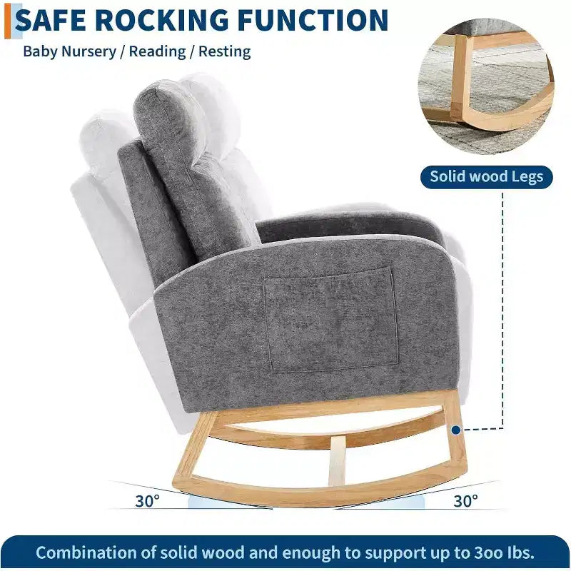 Fauteuil à bascule pour chambre d'enfant, fauteuil planeur avec dossier haut et pochette latérale, fauteuil à bascule d'appoint avec pieds en bois de caoutchouc pour salon/chambre à coucher
