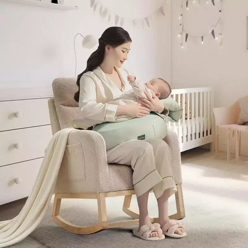 Fauteuil à bascule pour chambre d'enfant, fauteuil planeur avec dossier haut et pochette latérale, fauteuil à bascule d'appoint avec pieds en bois de caoutchouc pour salon/chambre à coucher