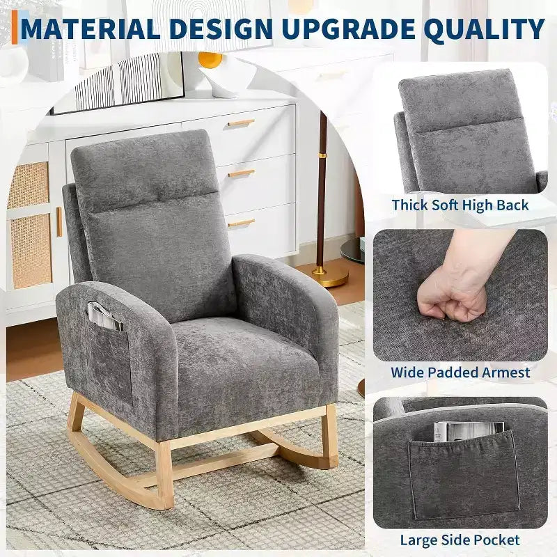 Fauteuil à bascule pour chambre d'enfant, fauteuil planeur avec dossier haut et pochette latérale, fauteuil à bascule d'appoint avec pieds en bois de caoutchouc pour salon/chambre à coucher