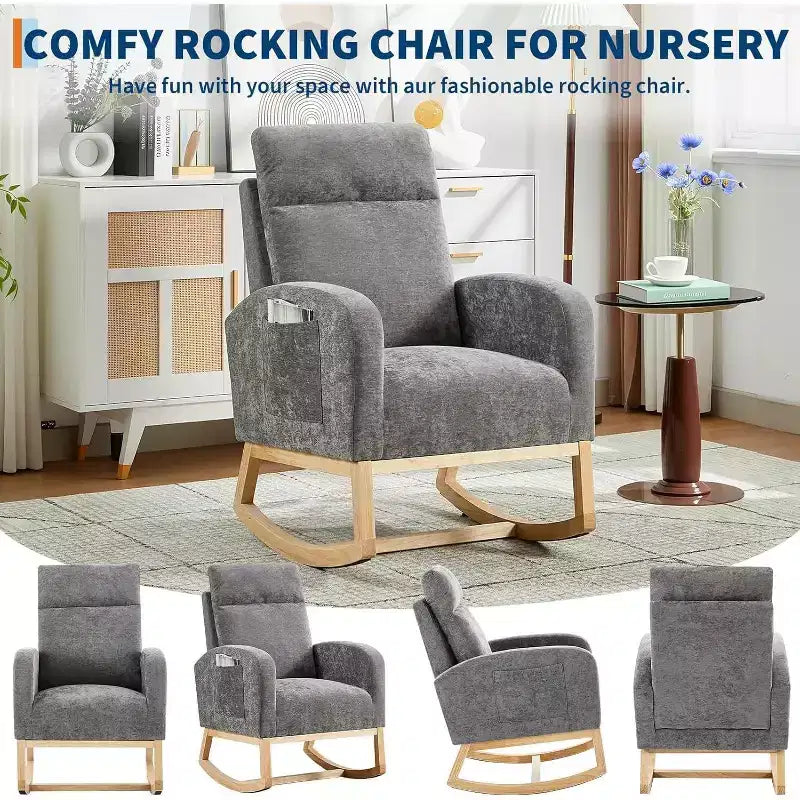 Fauteuil à bascule pour chambre d'enfant, fauteuil planeur avec dossier haut et pochette latérale, fauteuil à bascule d'appoint avec pieds en bois de caoutchouc pour salon/chambre à coucher