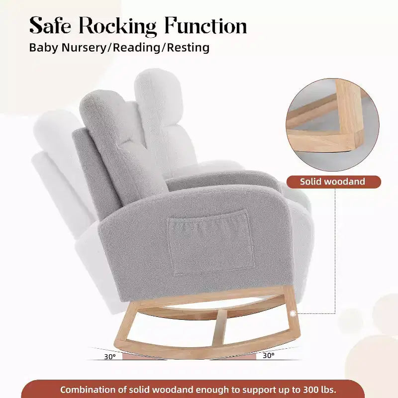 Fauteuil à bascule pour chambre d'enfant, fauteuil planeur avec dossier haut et pochette latérale, fauteuil à bascule d'appoint avec pieds en bois de caoutchouc pour salon/chambre à coucher