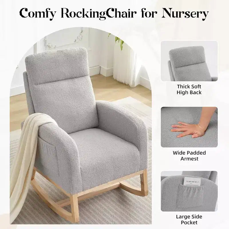Fauteuil à bascule pour chambre d'enfant, fauteuil planeur avec dossier haut et pochette latérale, fauteuil à bascule d'appoint avec pieds en bois de caoutchouc pour salon/chambre à coucher