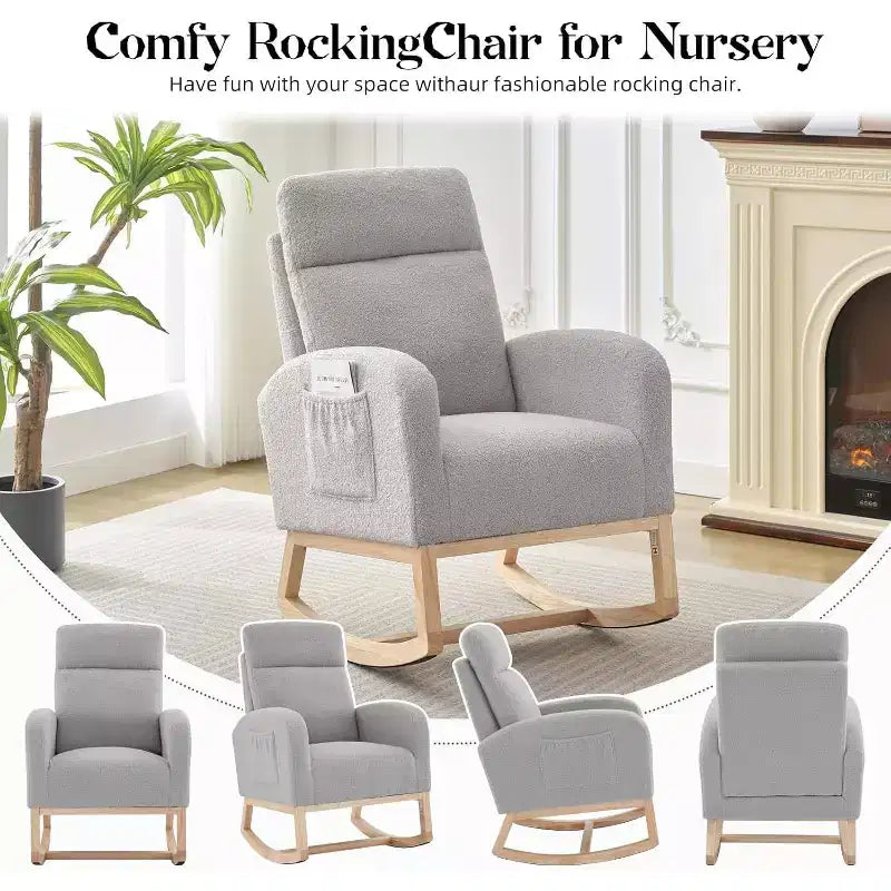 Fauteuil à bascule pour chambre d'enfant, fauteuil planeur avec dossier haut et pochette latérale, fauteuil à bascule d'appoint avec pieds en bois de caoutchouc pour salon/chambre à coucher