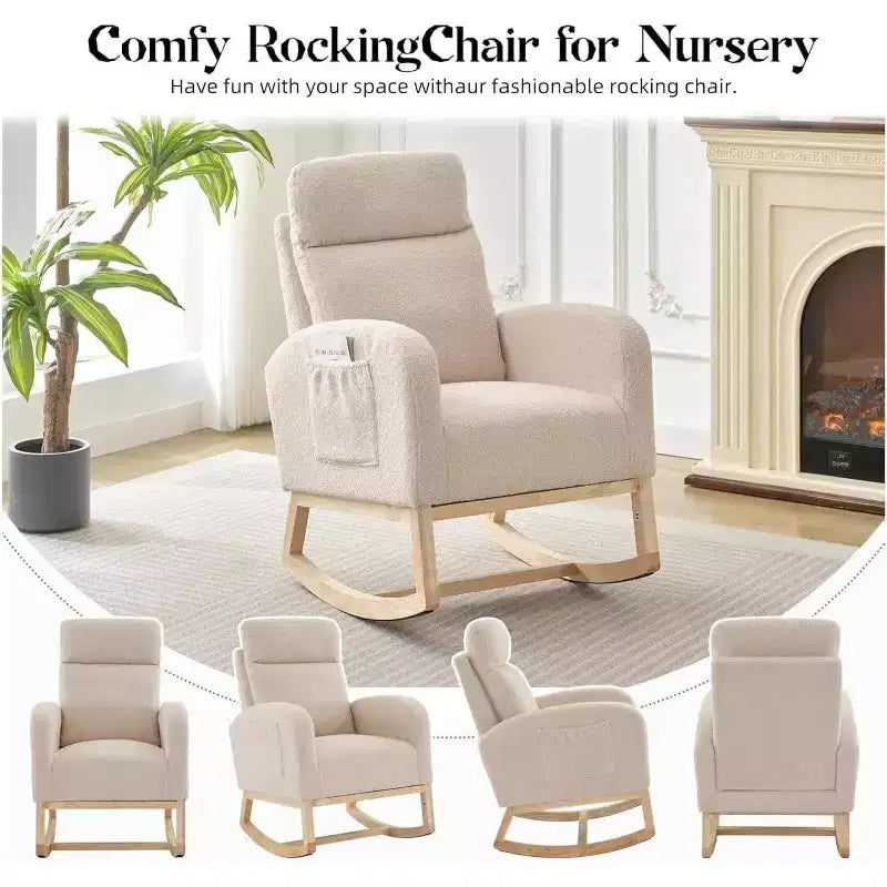 Fauteuil à bascule pour chambre d'enfant, fauteuil planeur avec dossier haut et pochette latérale, fauteuil à bascule d'appoint avec pieds en bois de caoutchouc pour salon/chambre à coucher
