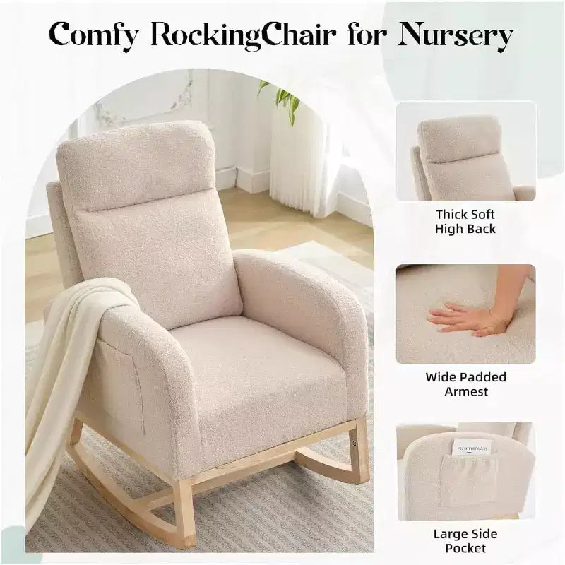 Fauteuil à bascule pour chambre d'enfant, fauteuil planeur avec dossier haut et pochette latérale, fauteuil à bascule d'appoint avec pieds en bois de caoutchouc pour salon/chambre à coucher