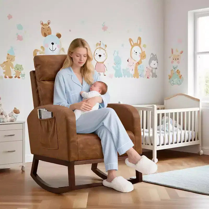Fauteuil à bascule pour chambre d'enfant, fauteuil planeur avec dossier haut et pochette latérale, fauteuil à bascule d'appoint avec pieds en bois de caoutchouc pour salon/chambre à coucher