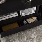 Meuble TV extensible noir Famapy avec lumières LED 7 couleurs contrôlables par téléphone, 2 armoires, 2 tiroirs, console multimédia de salon avec rangement réglable