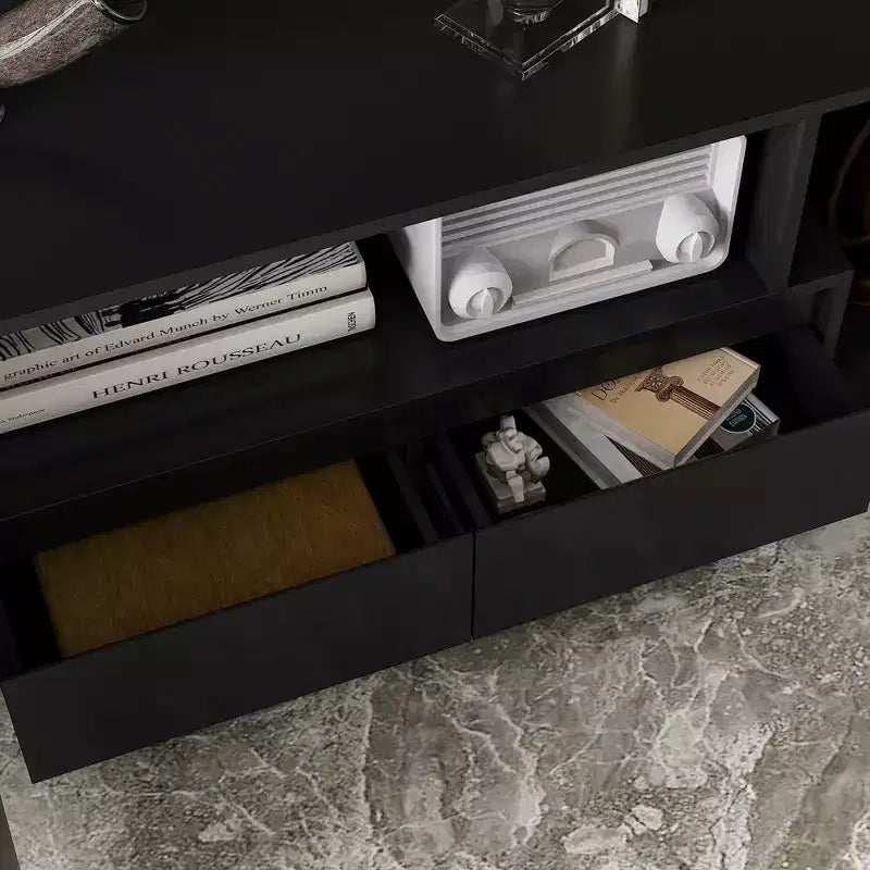 Meuble TV extensible noir Famapy avec lumières LED 7 couleurs contrôlables par téléphone, 2 armoires, 2 tiroirs, console multimédia de salon avec rangement réglable