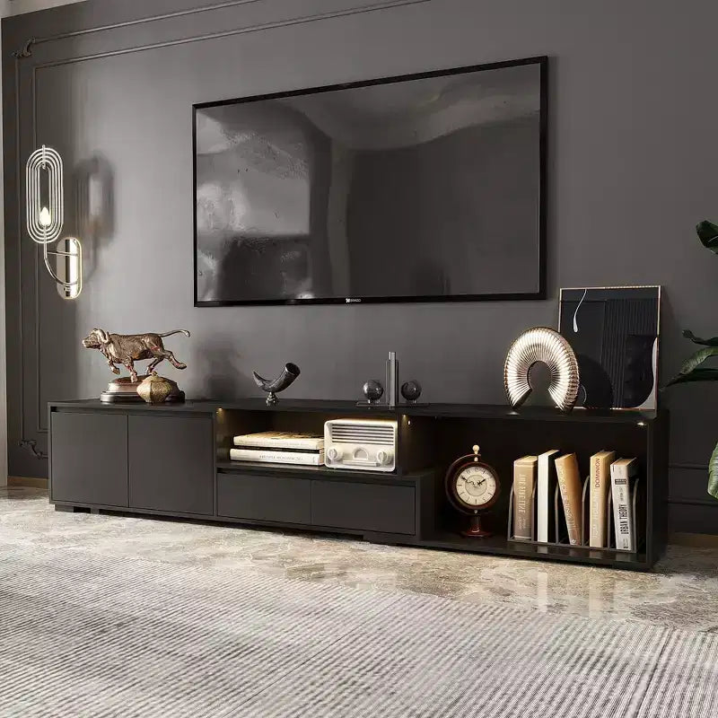 Meuble TV extensible noir Famapy avec lumières LED 7 couleurs contrôlables par téléphone, 2 armoires, 2 tiroirs, console multimédia de salon avec rangement réglable