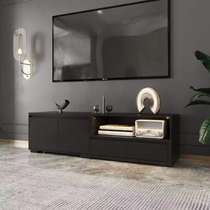 Meuble TV extensible noir Famapy avec lumières LED 7 couleurs contrôlables par téléphone, 2 armoires, 2 tiroirs, console multimédia de salon avec rangement réglable